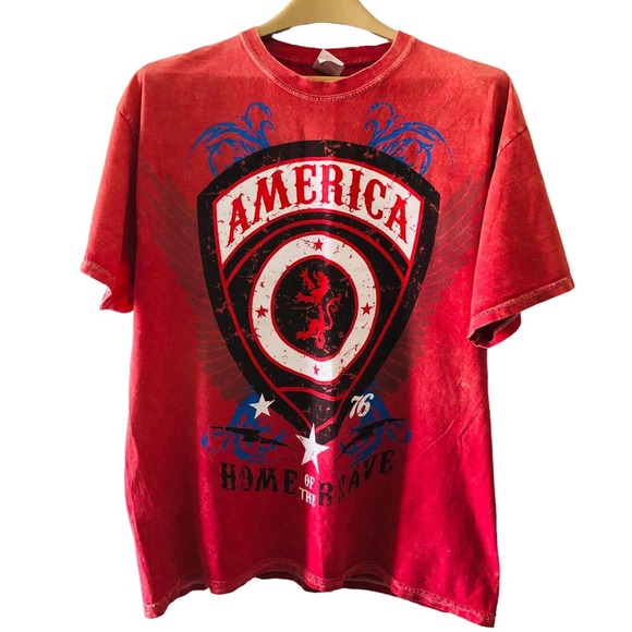 AMERICA USA Mens "Land of the Free Home of the Brave" Short Sleeve T-Shirt XL - Picture 1 of 6